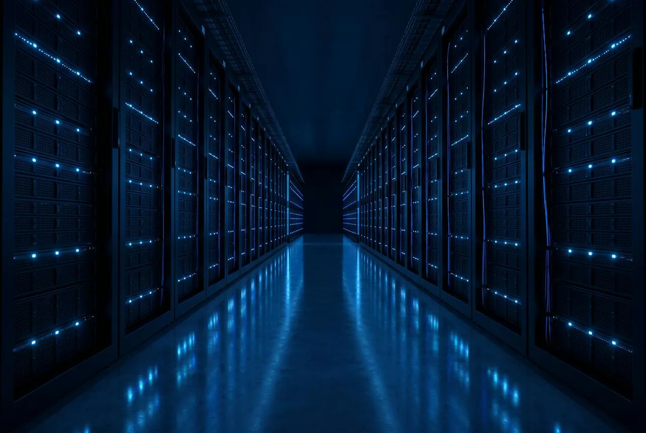 Server room corridor lit by blue status lights