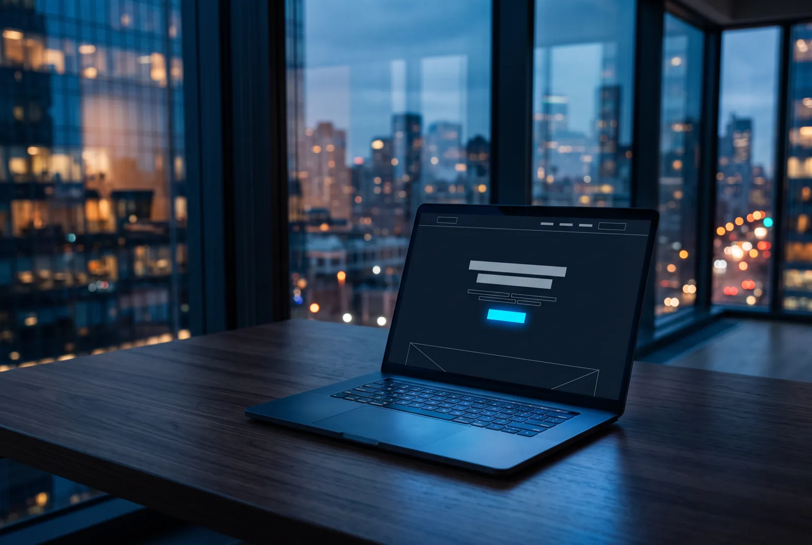 A laptop on a desk in a high-rise office at dusk, its screen showing a simple landing page layout with one call-to-action button