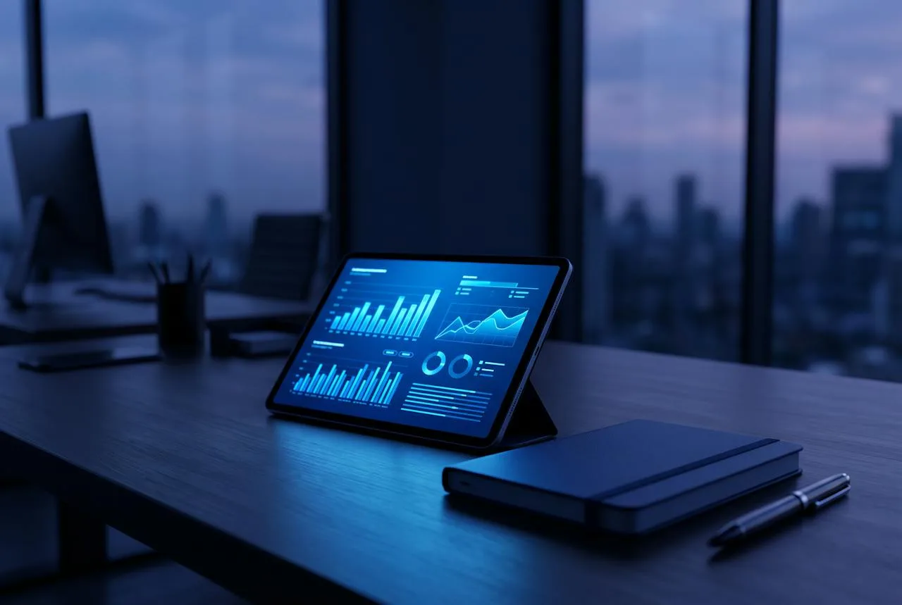 Tablet on a desk showing a blue dashboard with charts