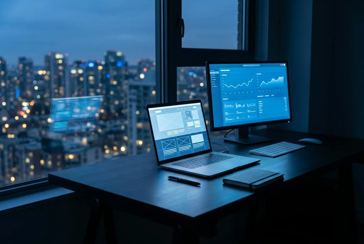 Studio desk at dusk with a website layout on a laptop screen